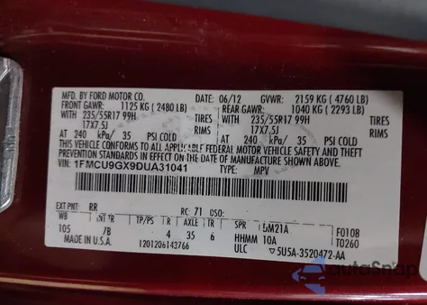 2013 Ford Escape Se из США, поврежденный, VIN 1FMCU9GX9DUA31041